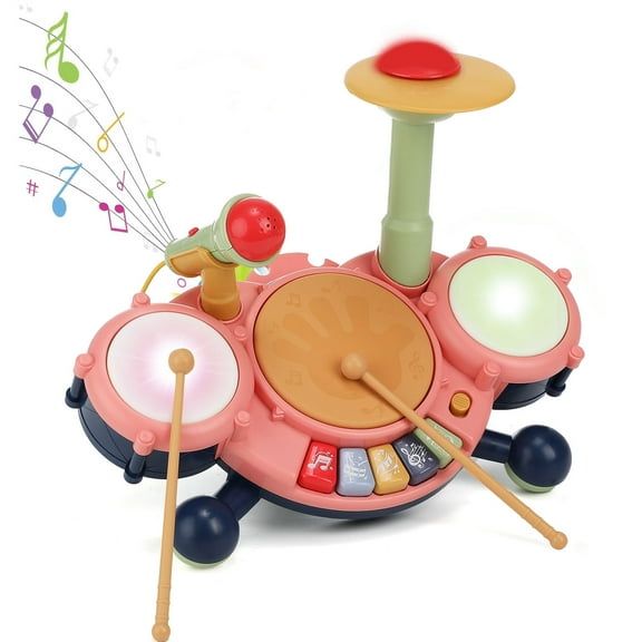 Petbank Kids Drum Set, Baby Drum with Microphone & Drumsticks, Toddler Musical Instruments Toys for Boys Girls Gifts 3+, Pink