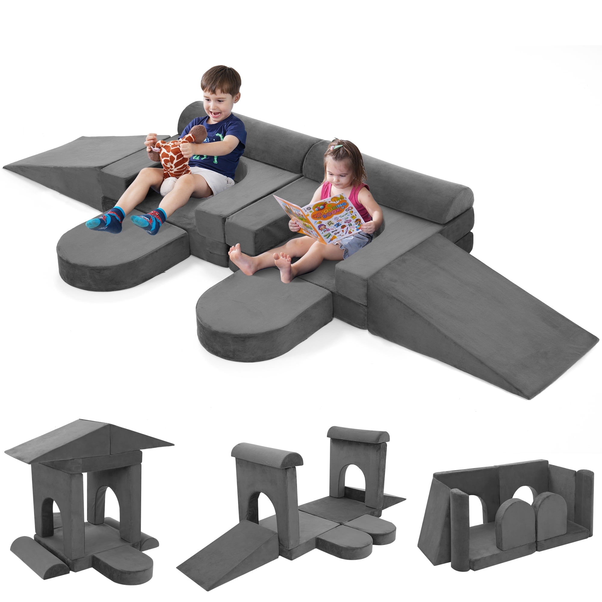 Modular Kids Play Couch 10PCS, 10 in 1 Multifunctional Kids Sofa for Playing Playroom Bedroom, Creativing, Sleeping, Indoor Toddler Couch for Boys and Girls,Gray