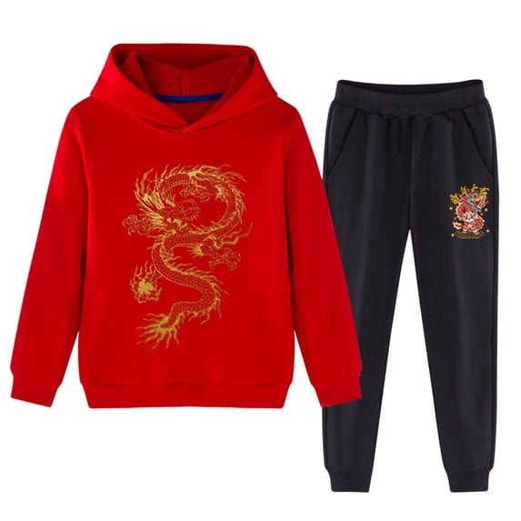 Children's red festive New Year clothing for boys and girls in the Year of the Dragon casual hoodie pants two sets