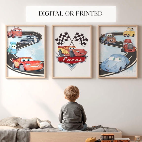 Children's room decor inspired by Lightning McQueen: Printed artwork inspired by the Cars movie, perfect for decorating a boy's room. 8x12 UNFRAMED