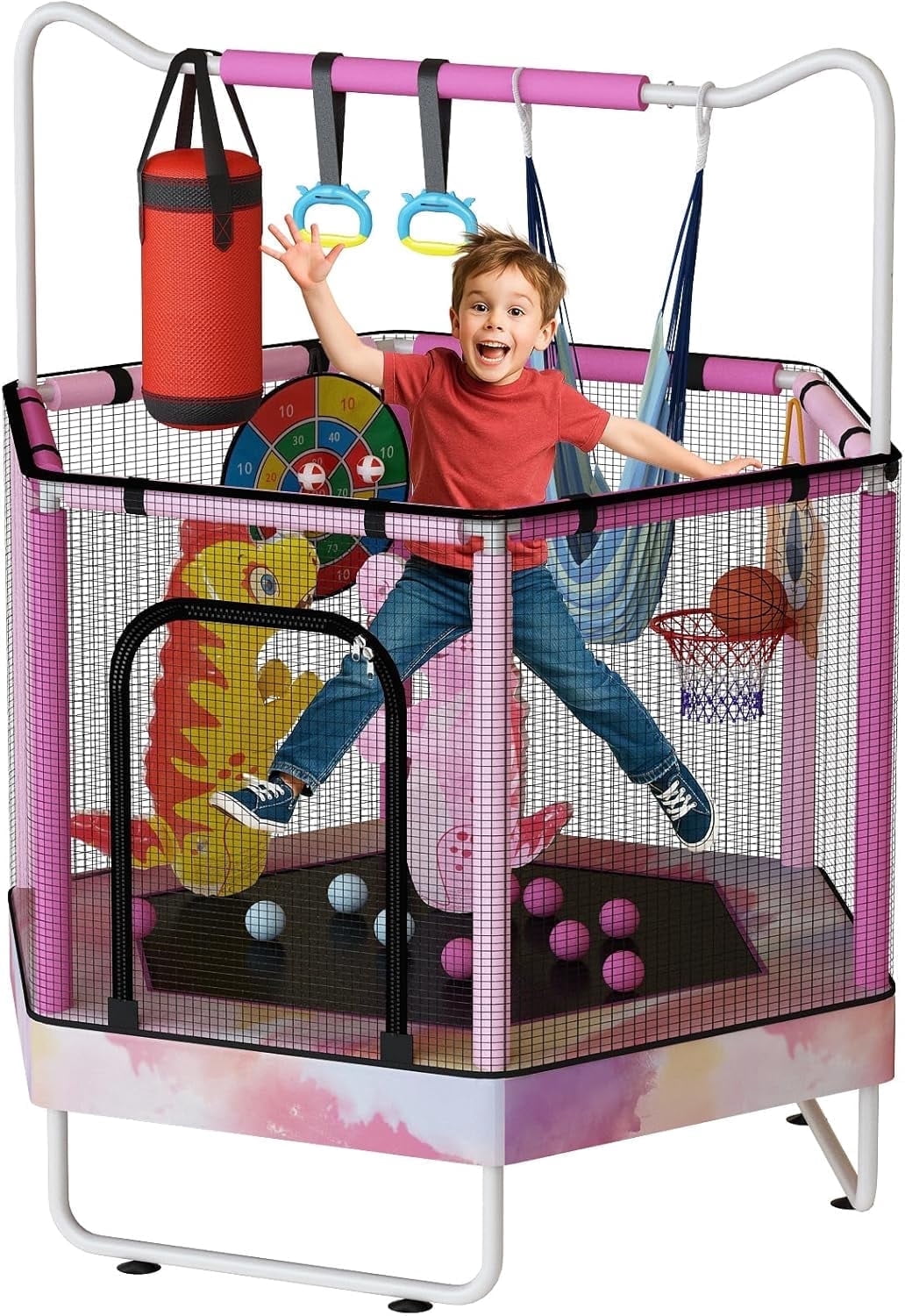 Baxluxe Toddler Trampoline for Kids Ages 3-8, 55in 7-in-1 Upgraded Indoor Trampoline with Net ,500lbs Capacity Safe Trampoline,Inside Pink Mini Trampoline Boys Girls Outdoor Adjustable Height