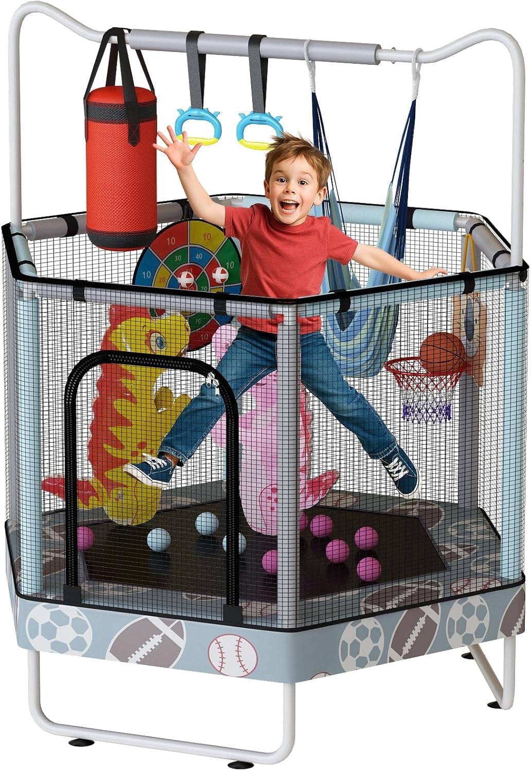 Baxluxe Toddler Trampoline for Kids Ages 3-8, 55in 7-in-1 Upgraded Indoor Trampoline with Net ,500lbs Capacity Safe Trampoline Toys,Inside Mini Trampoline Boys Girls Outdoor Adjustable Height