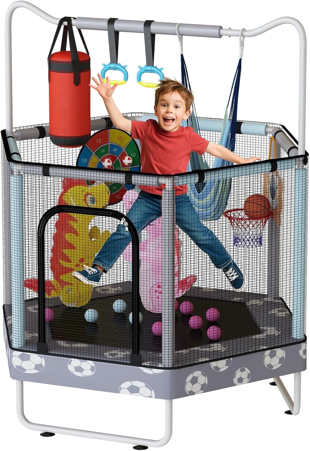 Baxluxe Toddler Trampoline for Kids Ages 3-8, 55in 7-in-1 Upgraded Indoor Trampoline with Net ,500lbs Capacity Safe Trampoline Toys,Inside Mini Trampoline Boys Girls Outdoor Adjustable Height