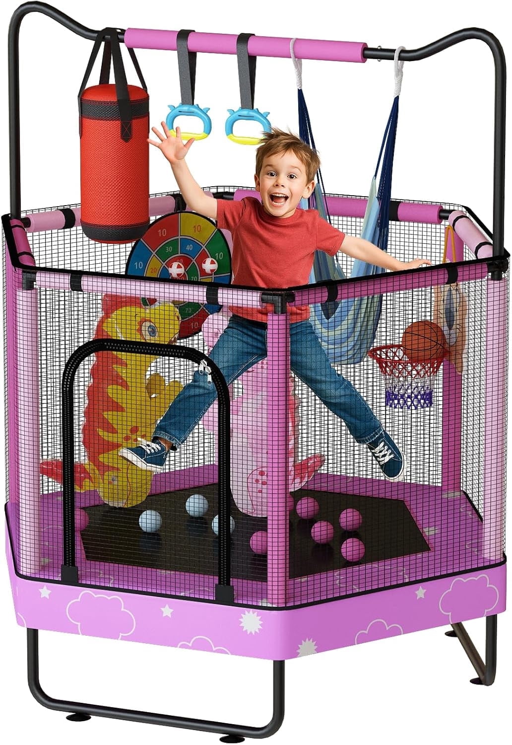 Baxluxe Toddler Trampoline for Kids Ages 3-8, 55in 7-in-1 Upgraded Pink Indoor Trampoline with Net ,500lbs Capacity Safe Trampoline, Mini Trampoline Boys Girls Toys Adjustable Height