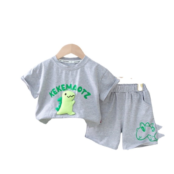 Children's two-piece summer small and medium-sized children's baby Korean three-dimensional dinosaur short sleeved shorts set for boys' summer wear