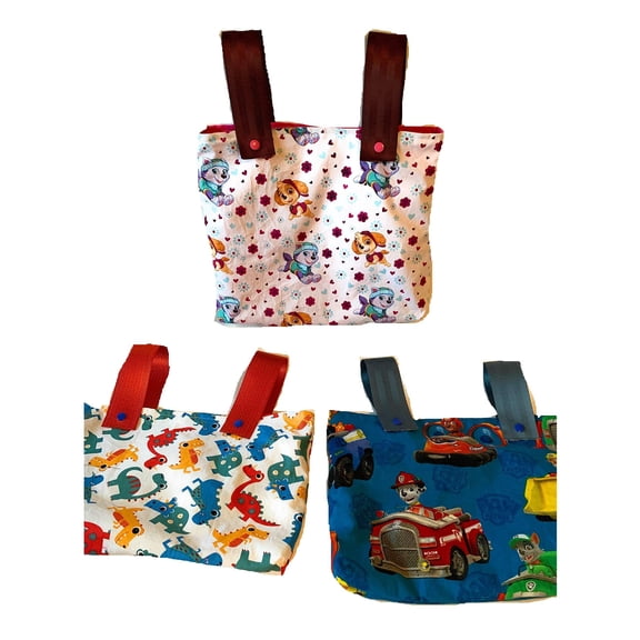 Children's walker bag with seat belt straps and snaps in various patterns
