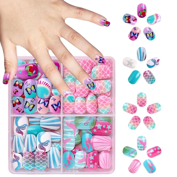 Children's wearable nails 96 pieces short square circle color blending lines cute childlike girls children's nail art nail patches