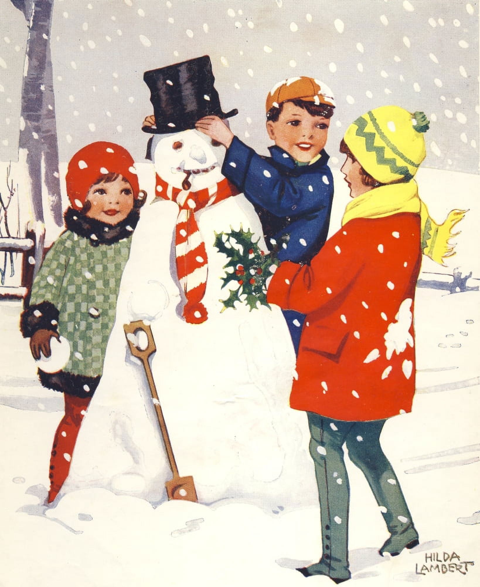 Children & snowman Canvas Art - Hilda Lambert (24 x 36)