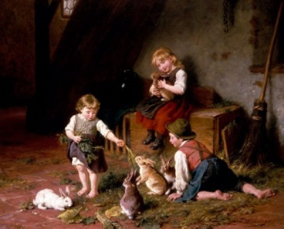 Children with Rabbits Felix Schlesinger (1833-1910German) Canvas Art - Felix Schlesinger (24 x 36)