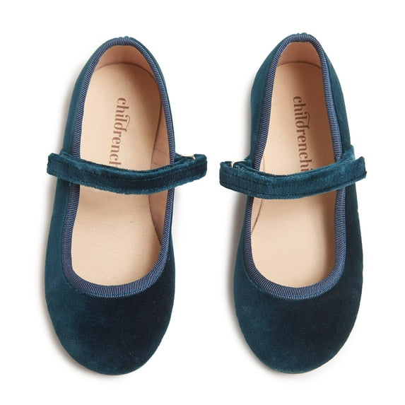 Childrenchic Mary Jane Flats with Hook and Loop Straps – Girls' Shoes for School, Weddings and Casual Wear (Velvet - Emerald, 29 M EU/12 M US Little Kid)