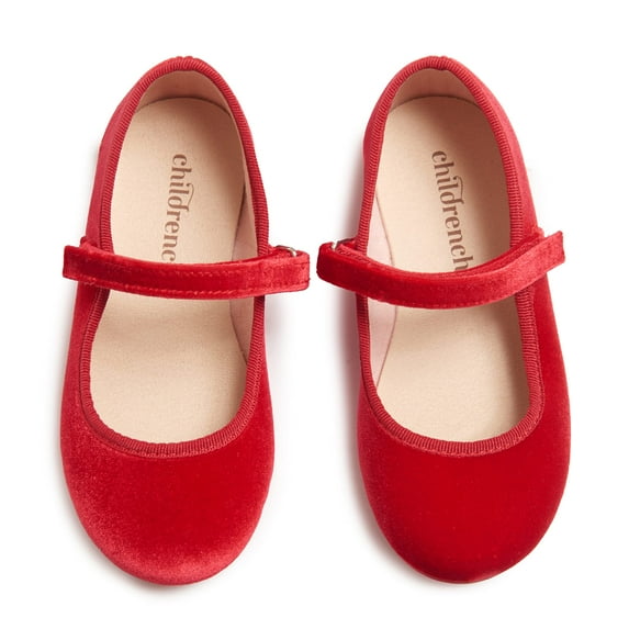 Childrenchic Mary Jane Flats with Hook and Loop Straps – Girls' Shoes for School, Weddings and Casual Wear (Velvet - Red, 24 M EU/8 M US Toddler)