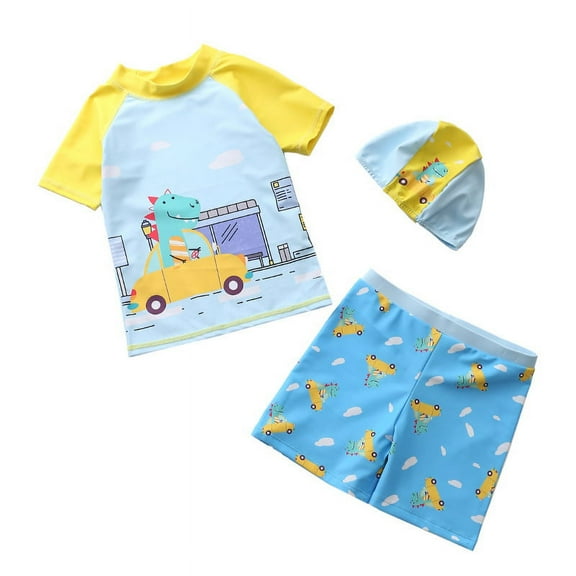 Childrens 3-piece Dinosaur Suit Boys Swimming Cap Short Pants Swimsuit Swimming Beach Suit Baby Bath Tub Set Baby Swimwear A35