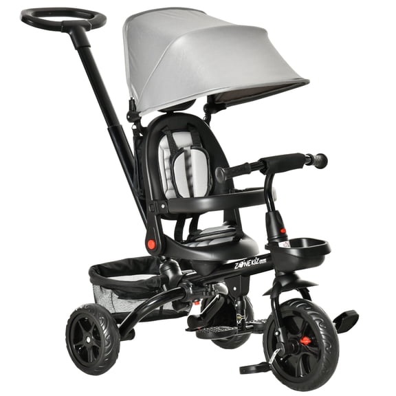 Childrens Bike, Baby Tricycle 4 In 1 Trike w/ Reversible Angle Adjustable Seat Removable Handle Canopy Handrail Belt Storage Footrest Brake Clutch for 1-5 Years Old Grey, Grey Kids Bike,Girls Bike