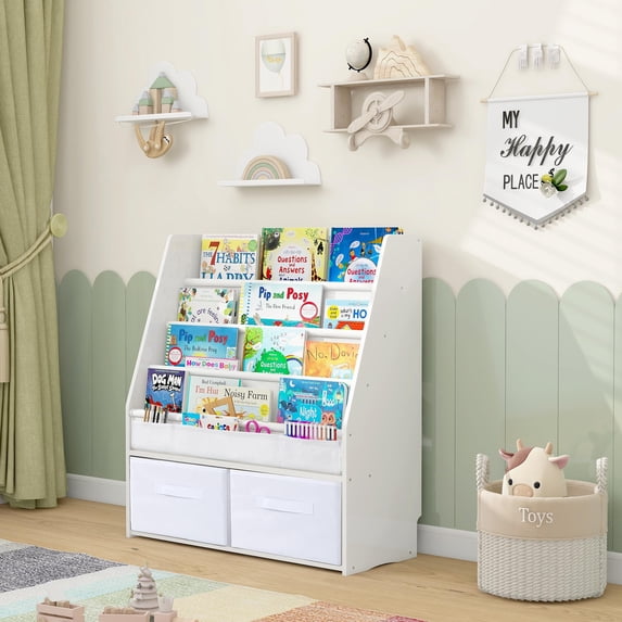 Solid Wood Toddler Bookshelf with Toy Storage Bins, Front-Facing Montessori Book Rack for Kids, White