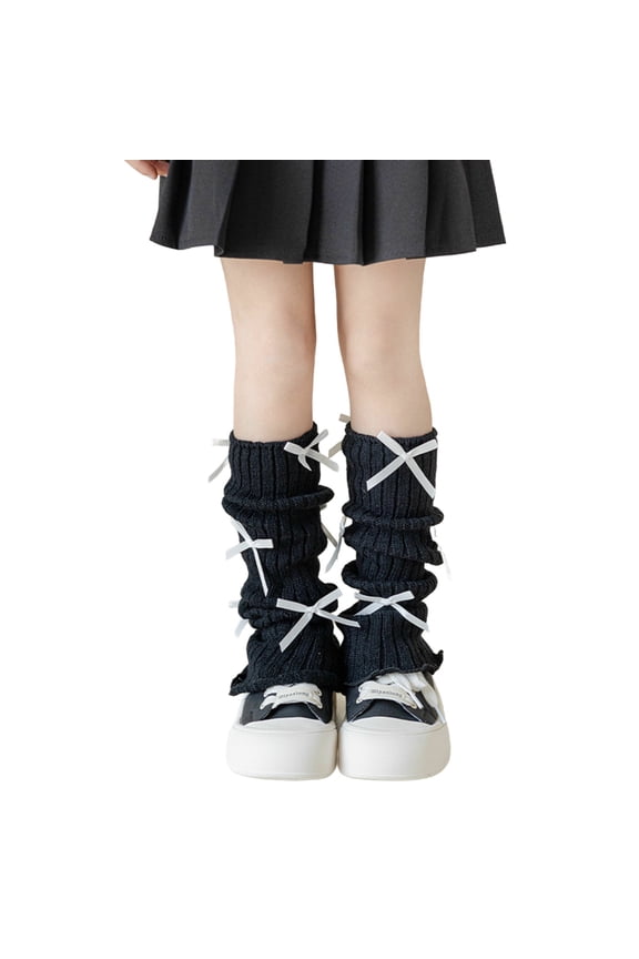 Childrens Cable Knit Leg Warmers, Retro Bow Decor, Girls Winter Socks, Dark Blue, for Toddlers Kids Aged 3-15, Thermal Insulated