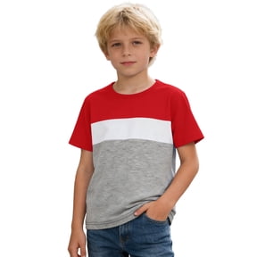 Childrens Contrast Splicing Crewneck Short Sleeve T-Shirt – Bright Color Block Durable Casual Tee, Vibrant School Style, for Field Trips and Social Activities (3-13Y)