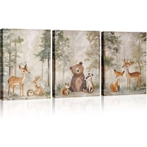 Childrens Day Canvas Wall Hieng, Neutral Baby Elephant Giraffe Lion Pictures Print, Boho Safari Poster Vintage Framed Oil Painting for Boys Nursery or Animal Baby Room Decor