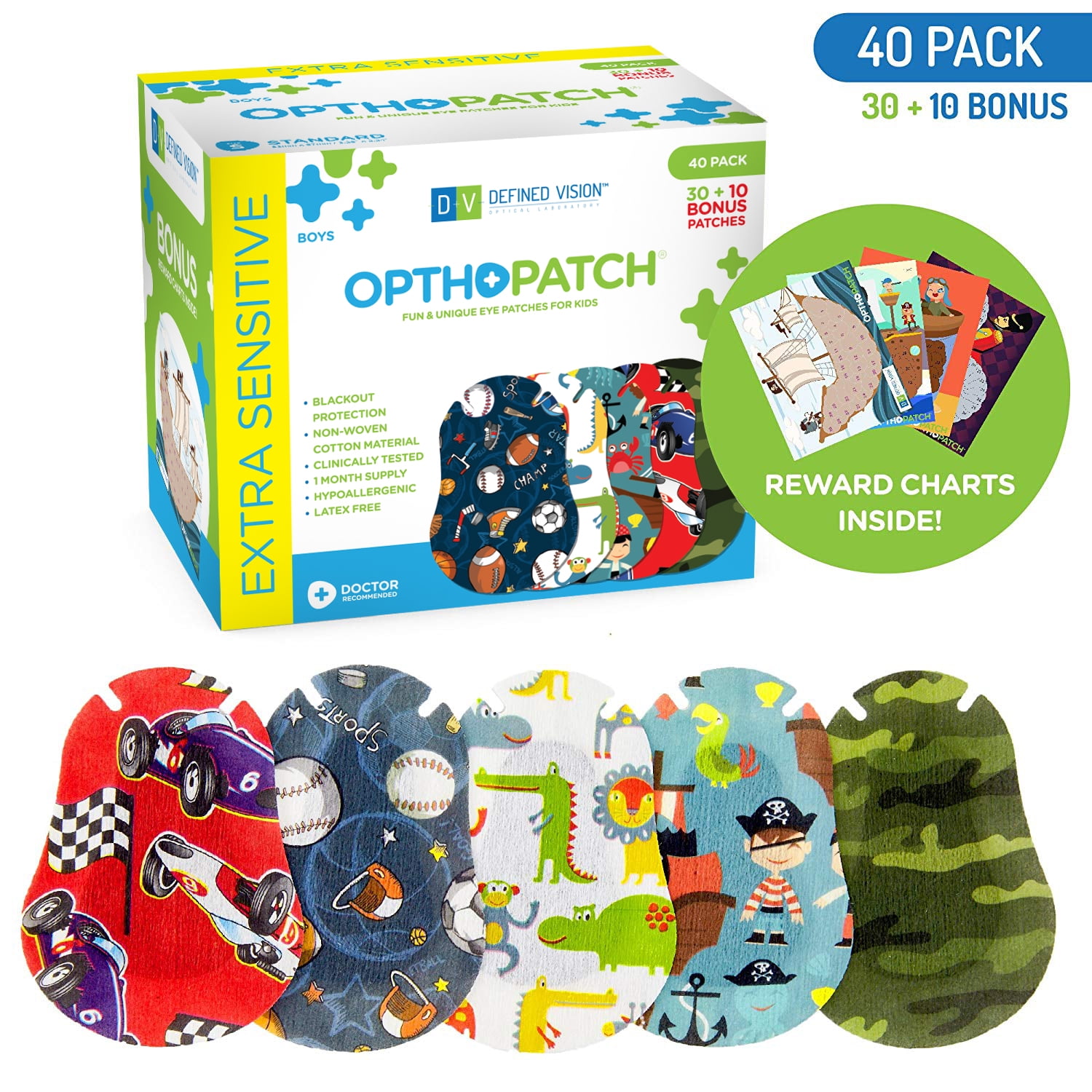 OPTHOPATCH Childrens Extra Sensitive Adhesive Eye Patch Boys 40 Pack Series I