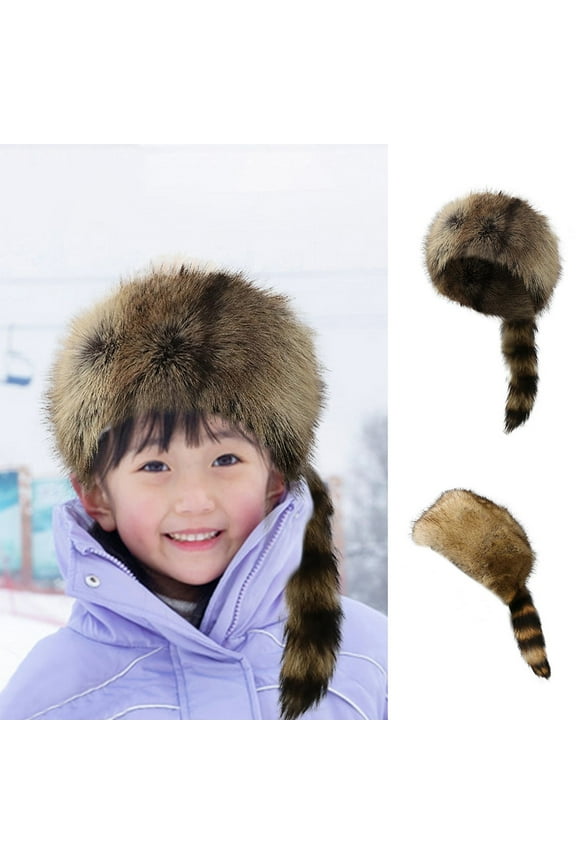 Childrens Faux Coonskin Costume Hat With Tail Plush Light Brown Raccoon Design