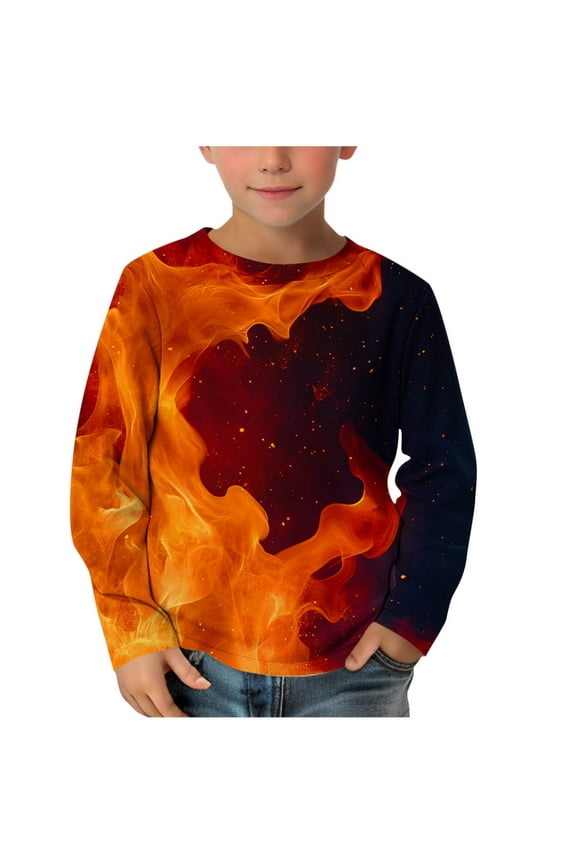 Childrens Fire Design Long Sleeve Shirt Cool Graphic Tee Boys Girls Pullover Crewneck Top Soft Polyester Blend Casual Comfortable Wear