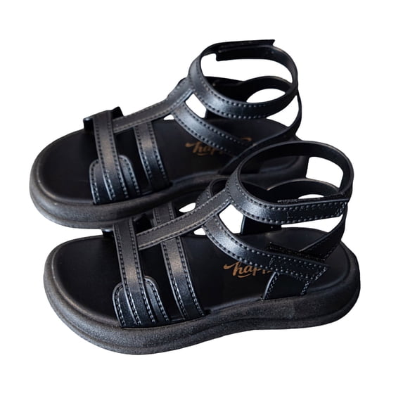 Childrens Gladiator Sandals Boys Girls Non Slip Solid T-Strap Fisherman Sandal Thick Soft Sole Walking Shoes Black 13 Little Kids