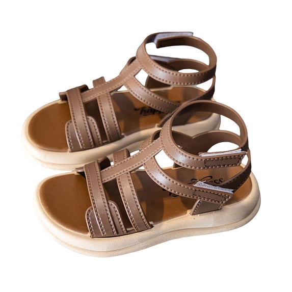 Childrens Gladiator Sandals Boys Girls Non Slip Solid T-Strap Fisherman Sandal Thick Soft Sole Walking Shoes Brown 1 Big Kids