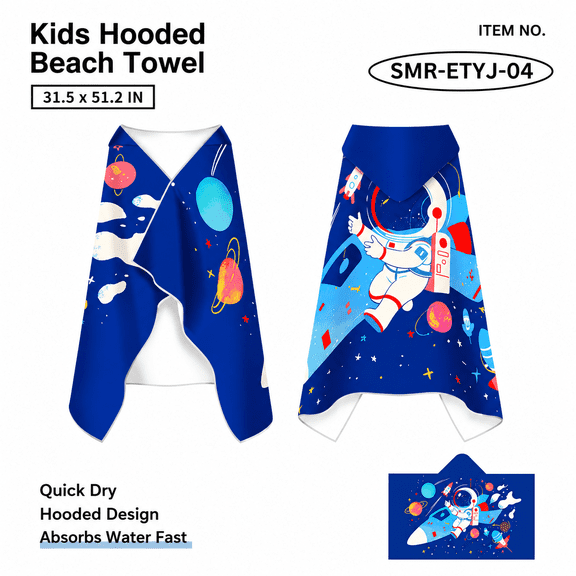 Childrens Hooded Beach Towel 31.5x51.2" : Quick Dry Wearable Bath Towel Poncho with Snap Buttons, Microfiber Swimmer Changing Robe for Kids