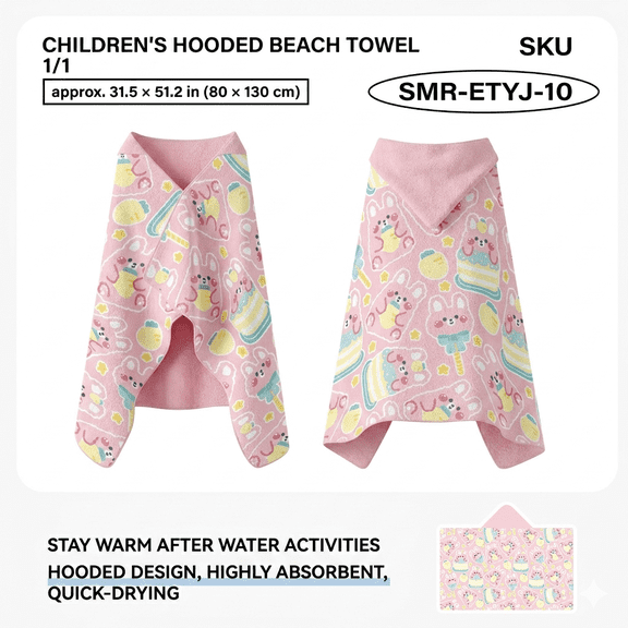 Childrens Hooded Beach Towel 31.5x51.2" : Quick Dry Wearable Bath Towel Poncho with Snap Buttons, Microfiber Swimmer Changing Robe for Kids