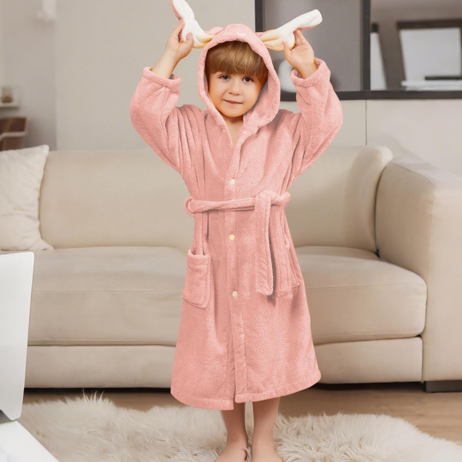 Childrens Kids Boys Girls Flannel Fleece Hooded Bathrobe Towelling