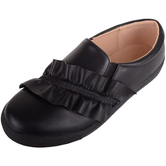 Childrens Kids Girls Slip On Twin Gusset Casual Lesiure Trainers Sneakers Pumps with Frill Design - Black - US Child 13