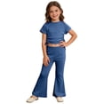 thumbnail image 1 of Childrens Outfits Elastic Short Sleeve Top Flared Pants Two Piece Girls Clothing,Blue,Size 5 -6 Years, 1 of 5