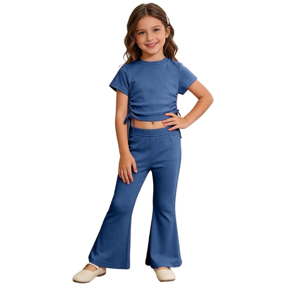 Childrens Outfits Elastic Short Sleeve Top Flared Pants Two Piece Girls Clothing,Blue,Size 5 -6 Years