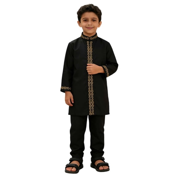 Childrens Outfits Long Sleeve Embroidered Robe Arab Out Boys Performance Suit,Black,8-9 Years