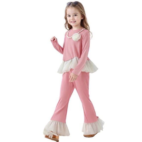 Childrens Outfits Long Sleeve Top Ruffle Hem Flared Pants 2 Piece Boys and Girls Outfits,Pink,Size 6 -7 Years