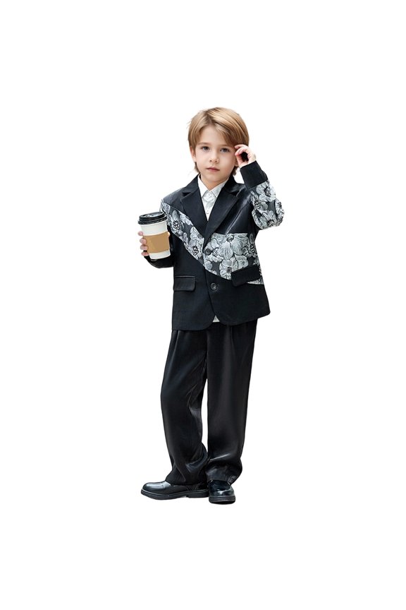 Childrens Outfits Printed Pattern Fashion Show Flower Dress Boys Performance Suit,Black,9-10 Years