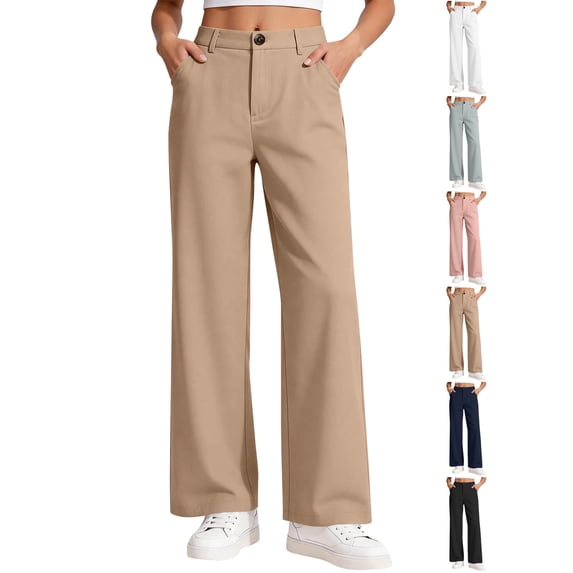 Childrens Pants Dqueduo Girls' High Waist Wide Leg Dress Pants Casual Straight Leg Trousers With Pockets, Sizes 5-15 Years