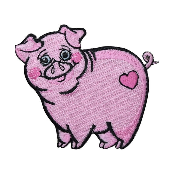 Childrens Pink Pig with Heart Iron On Embroidered Patch