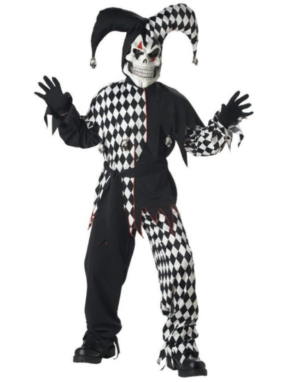 Childrens Scary Costume Boys Dark Evil Skull Faced Court Jester Prankster Black and White Kids Party Outfit with Mask