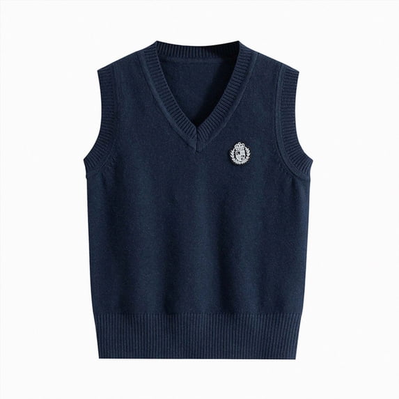 KPOPLK Teen Boys and Girl Sweater Fall Unisex V-Neck Sleeveless Uniform Cotton Sweater Vest Knitted School 2-17 Years(7-9 Years,Navy)