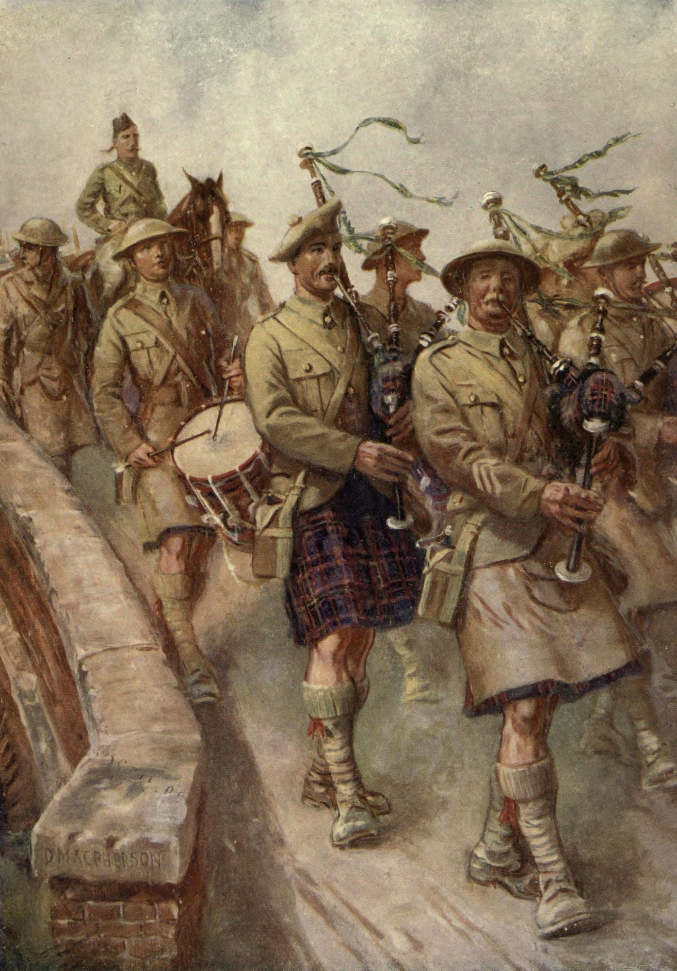 Childrens Story of War 1915-19 Piping the Camerons into a French Village Canvas Art - D MacPherson (18 x 24)