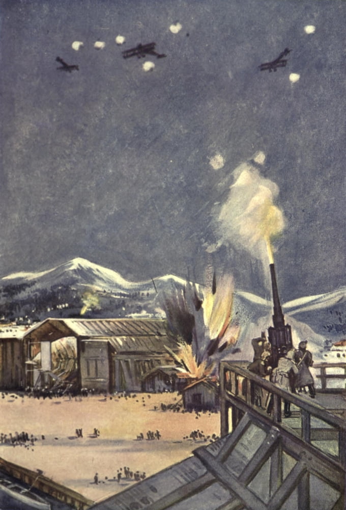 Childrens Story of the War 1915-19 British planes attacking German Zeppelin factory Canvas Art - Unknown (24 x 36)