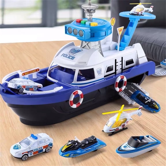 Childrens Toy Transport Ship With 3 Alloy Cars And Airplane Light Up Sound Effects Cargo Ship Playset
