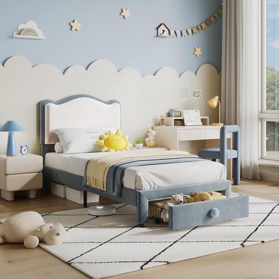 Velvet Upholstered Platform Bed Frame with Princess Scallop Headboard, Large Storage Drawer for Bedroom,Twin,Blue&White