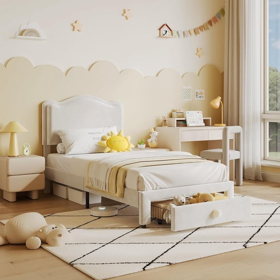 Velvet Upholstered Platform Bed Frame with Princess Scallop Headboard, Large Storage Drawer for Bedroom,Twin,Beige