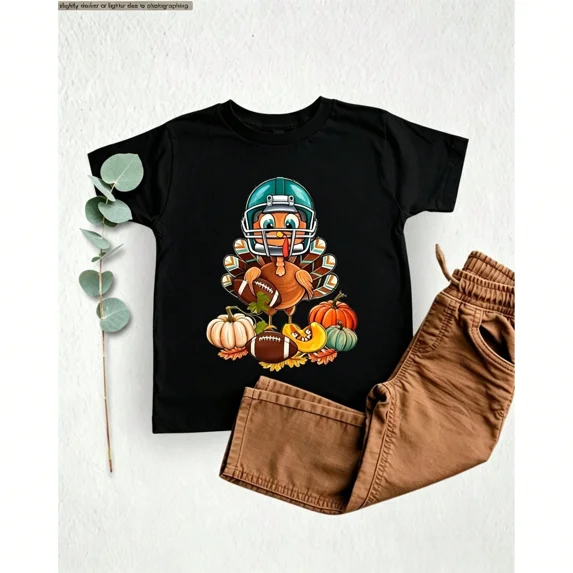 Childrens Wear Football Turkey Graphic Tee For Kids Funny Cute Thanksgiving Gift Unisex Short Sleeve Cotton Tee