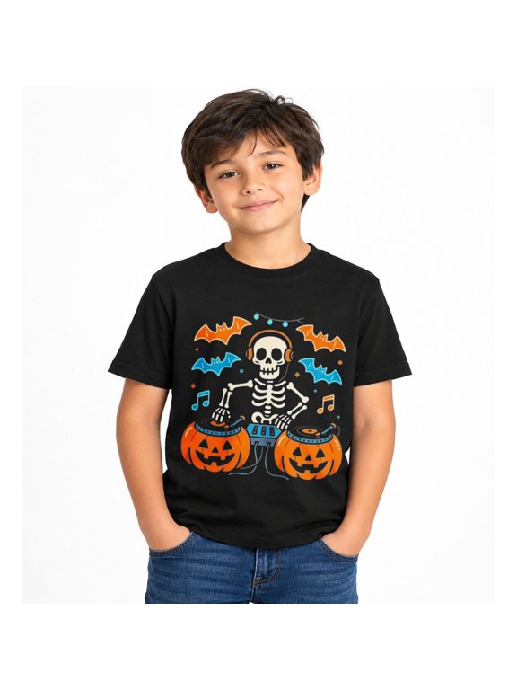Childrens Wear Halloween Skeleton Dj Pumpkin Graphic T Shirt For Boys Girls Funny Cute Holiday Gift Unisex Short Sleeve Cotton Tee