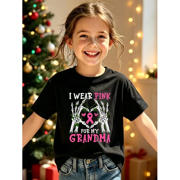 Childrens Wear I Wear Pink For My Grandma Skeleton Hands Graphic T Shirt For Kids Cute Funny Breast Cancer Awareness Holiday Gift Unisex Short Sleeve Cotton Tee