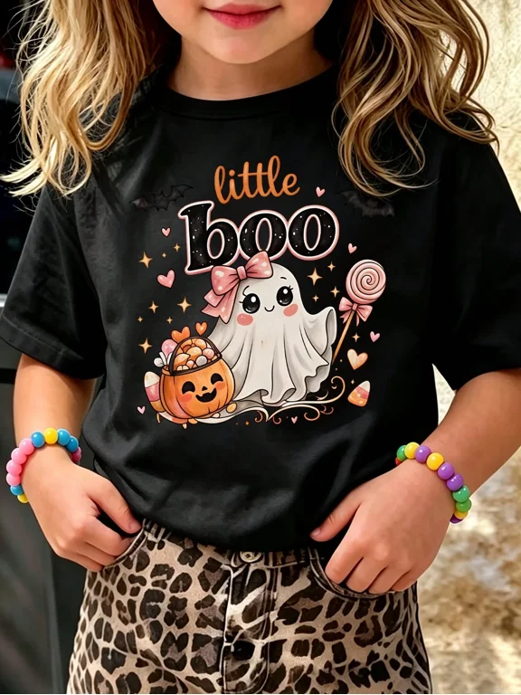 Childrens Wear Little Boo Ghost Pumpkin Candy Graphic T Shirt For Kids Cute Funny Style Halloween Party Gift Unisex Short Sleeve Cotton Tee
