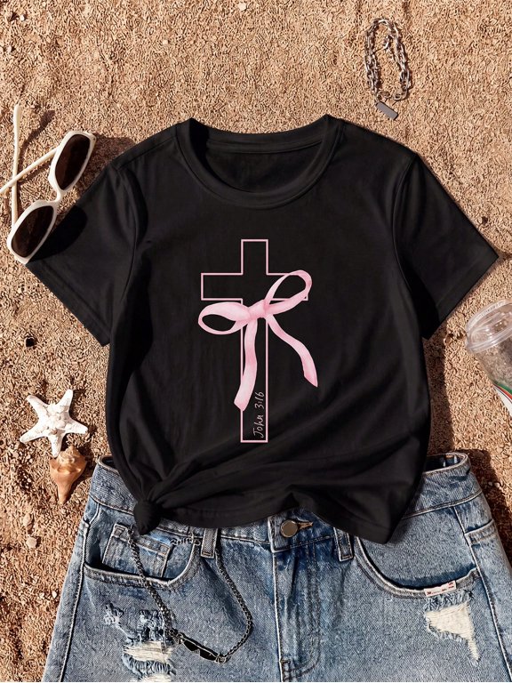 Childrens Wear Pink Bow Cross Graphic T Shirt For Kids Funny Cute Style Easter Gift Unisex Short Sleeve Cotton Tee