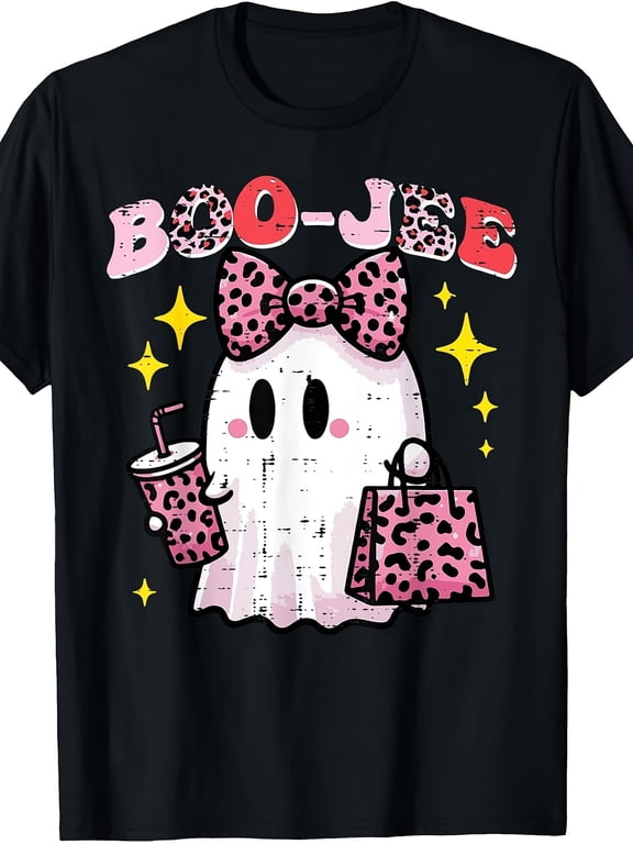 Childrens Wear Pink Leopard Ghost Boo Jee Graphic Unisex Short Sleeve Cotton Tee For Kids Girls Boys Cute Funny Halloween Gift